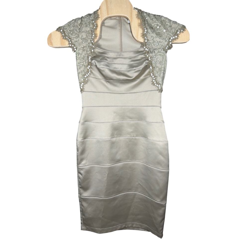 T by Tadashi Dress Womens 6 TID86413MX Champagne Lace Sequin Tiered Sheath